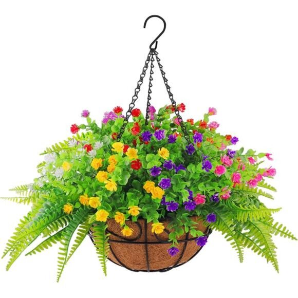 Artificial Fake Hanging Plants Flowers Basket for Outdoor Spring Summer - Picture 1 of 7